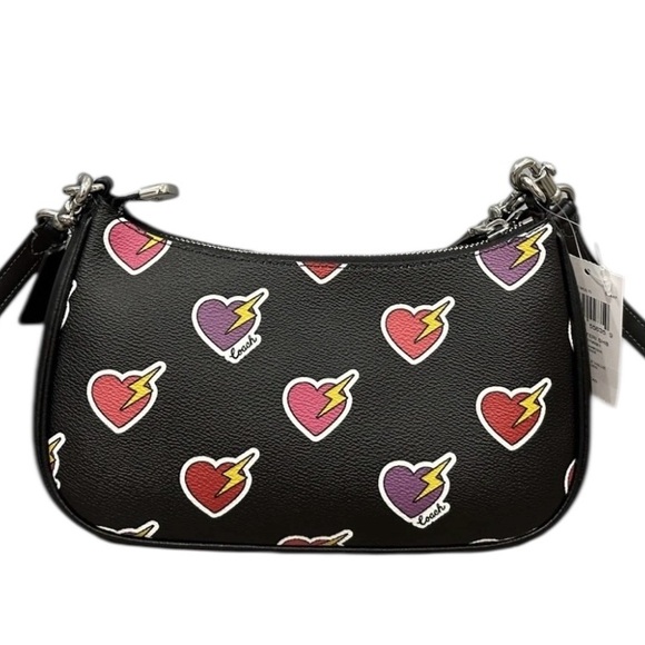 COACH Teri Shoulder Bag Signature Canvas & Leather Heart Print Silver/Black, NWT - Picture 2 of 6